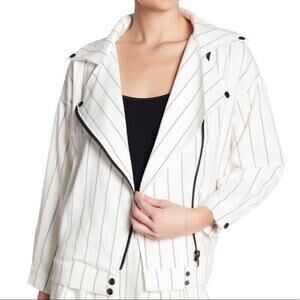 Anthropologie Line and dot white striped moto zip up jacket‎ size medium